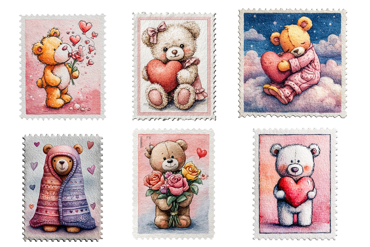 Valentines Teddy Bear Postage Stamps, an Illustration by Designworld (Photo 3 of 4)