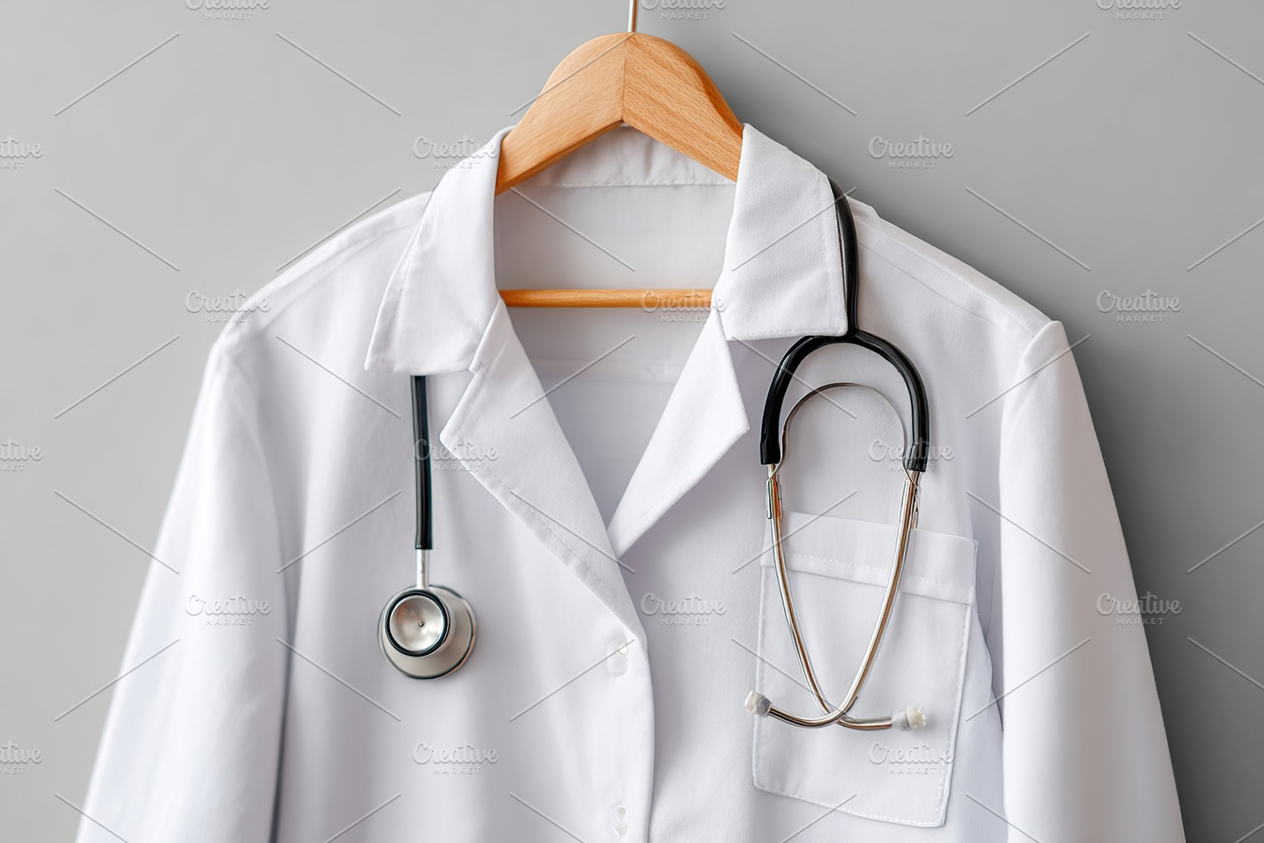 Realistic doctors lab coat displayed with a stethoscope on a wooden hanger agai, a Health & Medical Photo by AlyaAnd