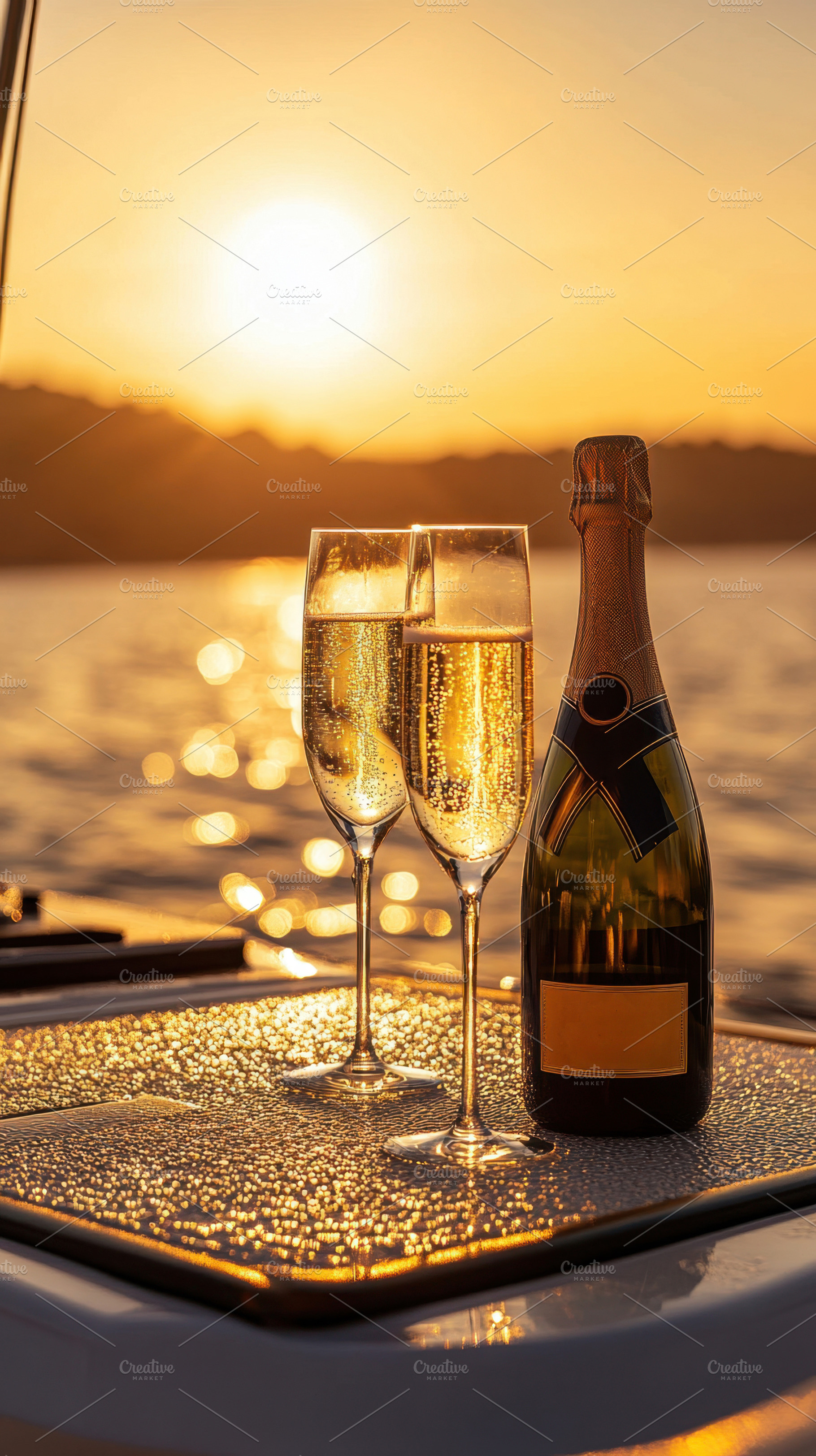 Champagne glasses at sunset on water, a Photo by Beautiful things