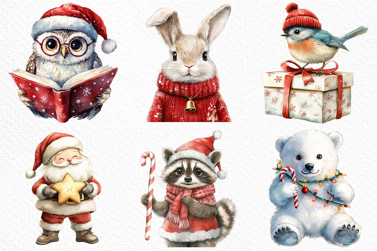 Watercolor Cute Christmas Characters, an Illustration by Craft Nest (Photo 2 of 6)