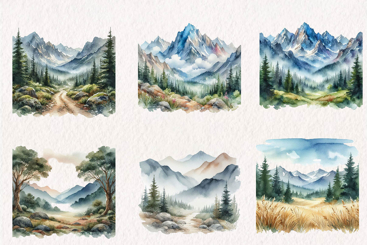 Watercolor Mountain Landscape, a Seasonal Illustration by CreationArt (Photo 2 of 7)