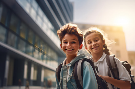 Happy young friendly schoolboy and schoolgirl looking at camera. Back to school, a School & Education Photo by Lenor4ik