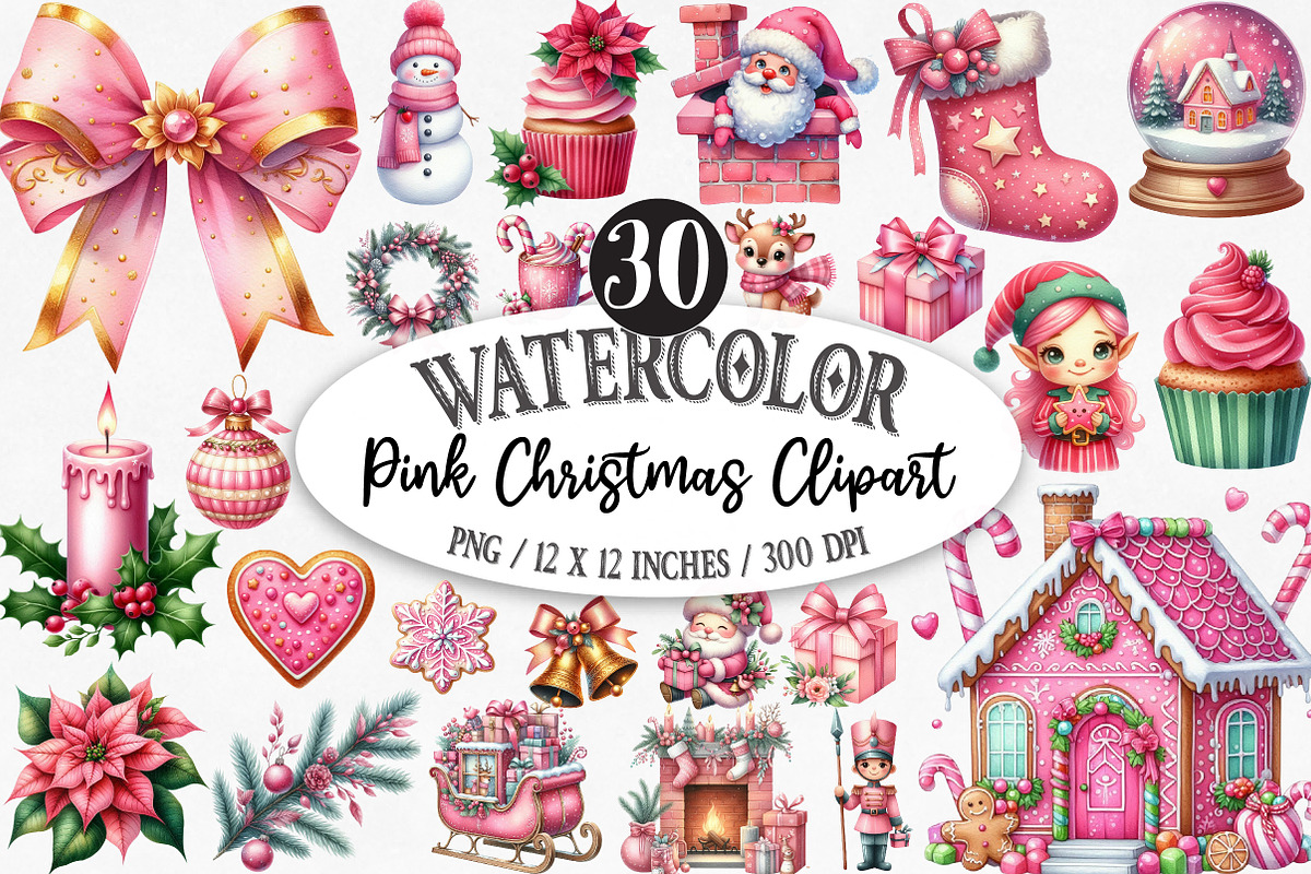 Pink Christmas Watercolor Clipart, an Illustration by Designking (Photo 1 of 5)