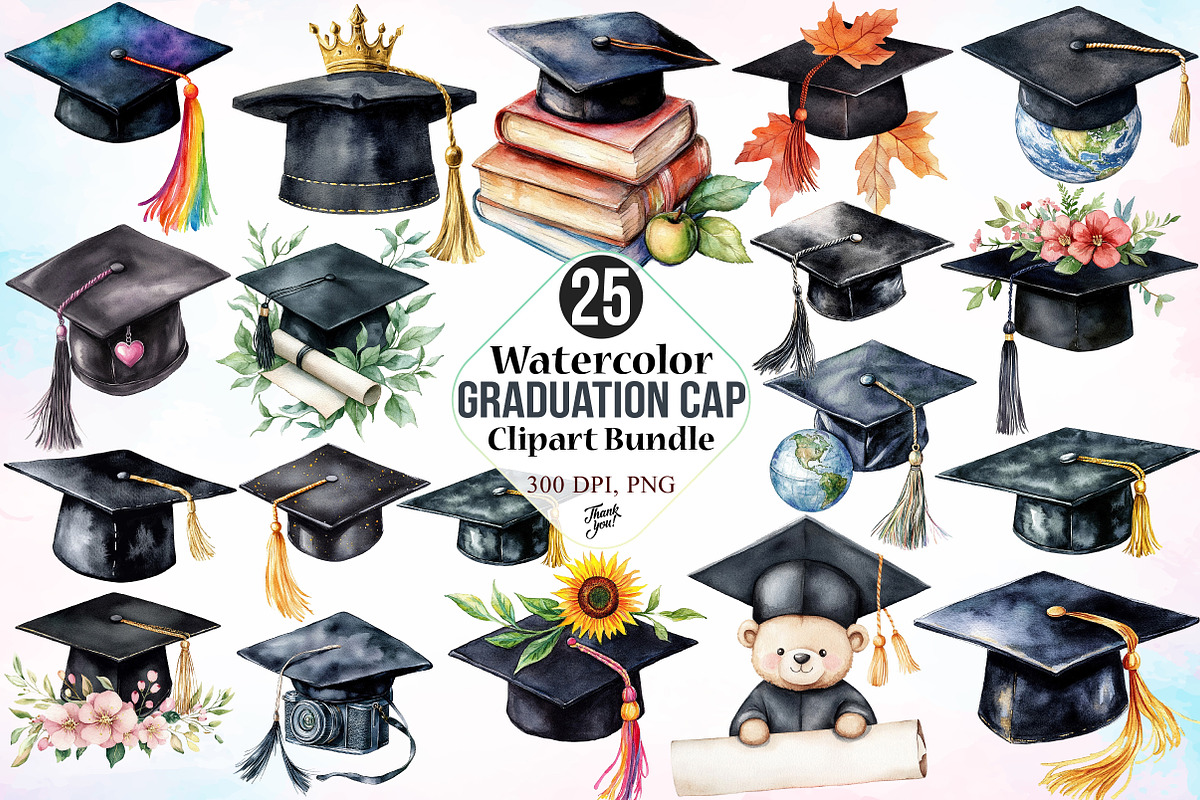 Watercolor Graduation Cap Clipart, a Seasonal Illustration by Canvas Craft (Photo 1 of 5)