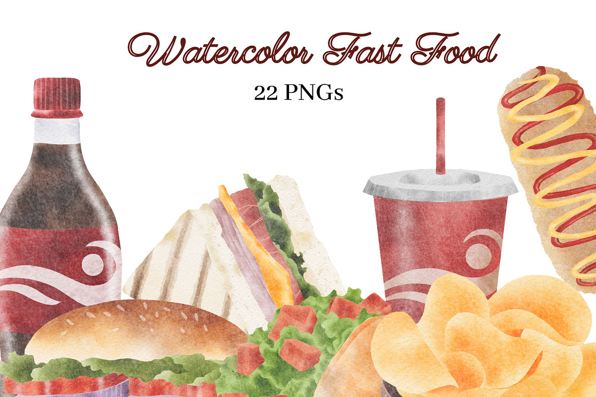Watercolor Fast Food Clipart, a Food Illustration by ArtbyHien (Photo 1 of 5)