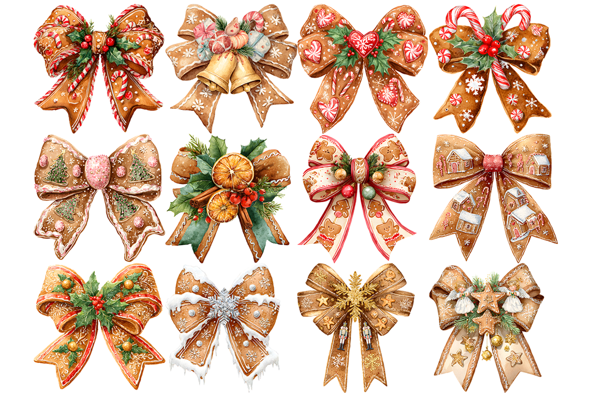 Watercolor Gingerbread Bow Clipart, a Decorative Illustration by stickermadness (Photo 2 of 4)