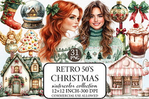 Retro 50's Christmas Clipart, an Illustration by Libby Wishes