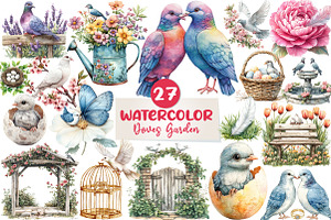 Spring Doves Garden Clipart, an Illustration by CreationArt