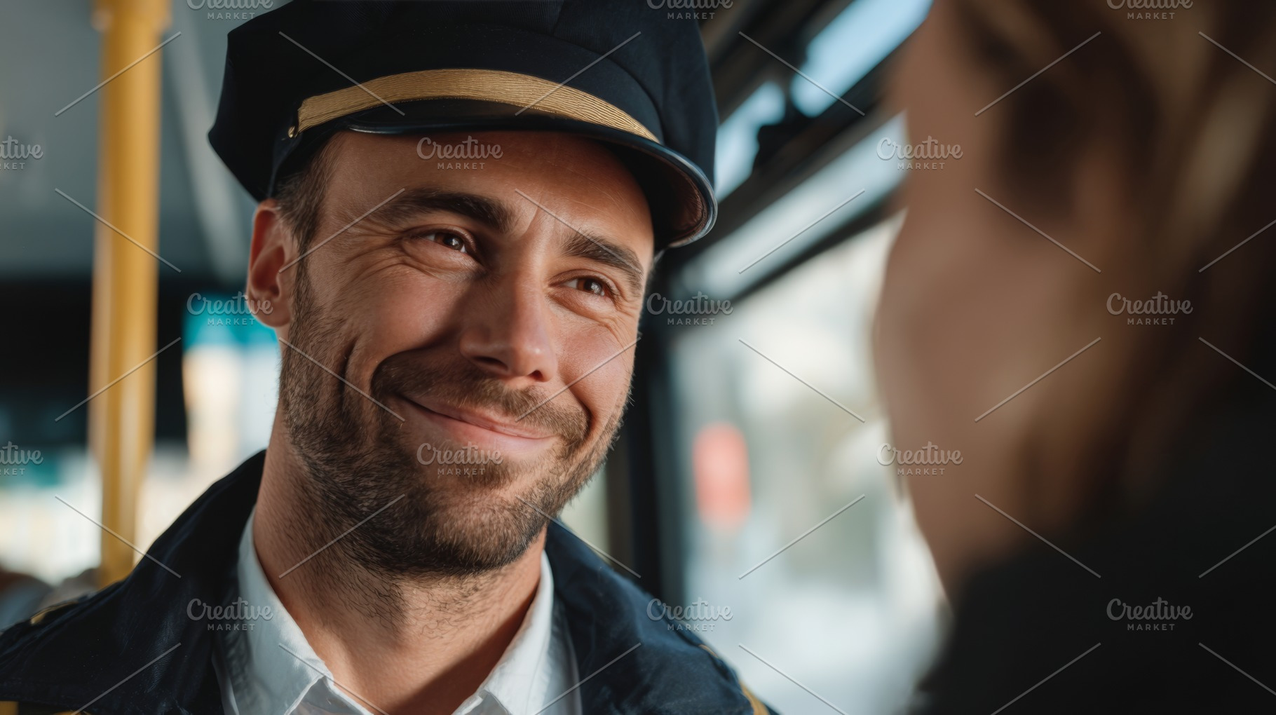 Smiling bus driver engaging with a passenger, showcasing warmth and friendlines, a Person Photo by ImageMir