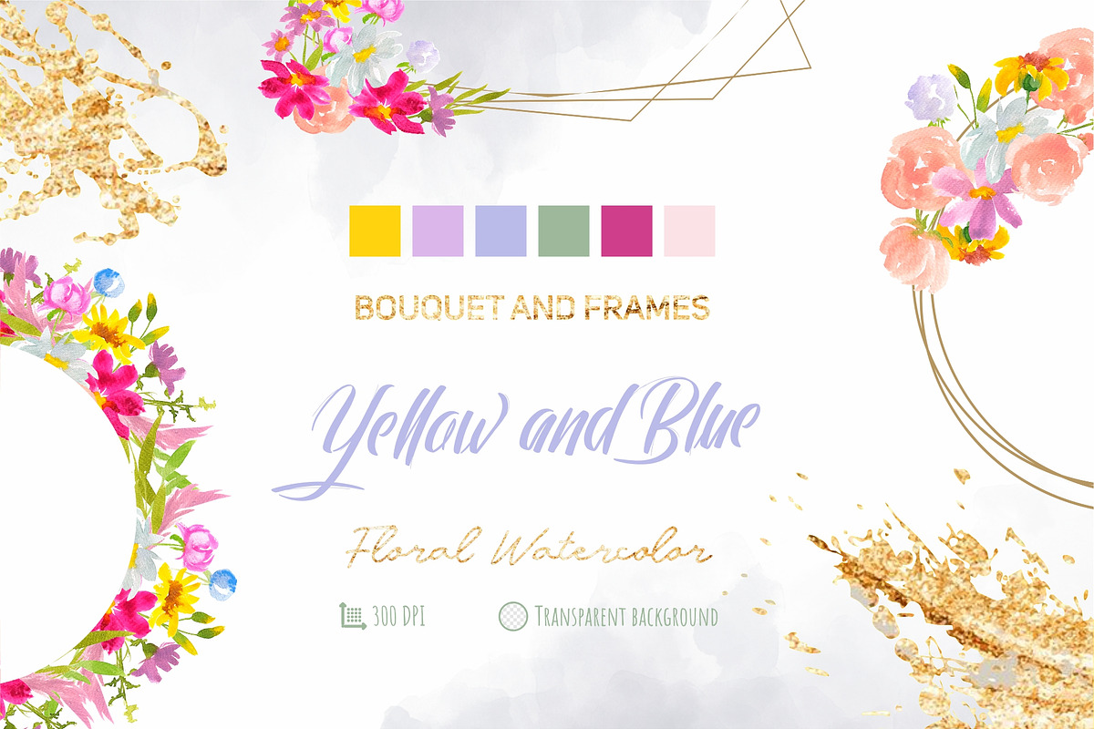 Yellow and Blue flowers watercolor, a Pattern Graphic by uea-design