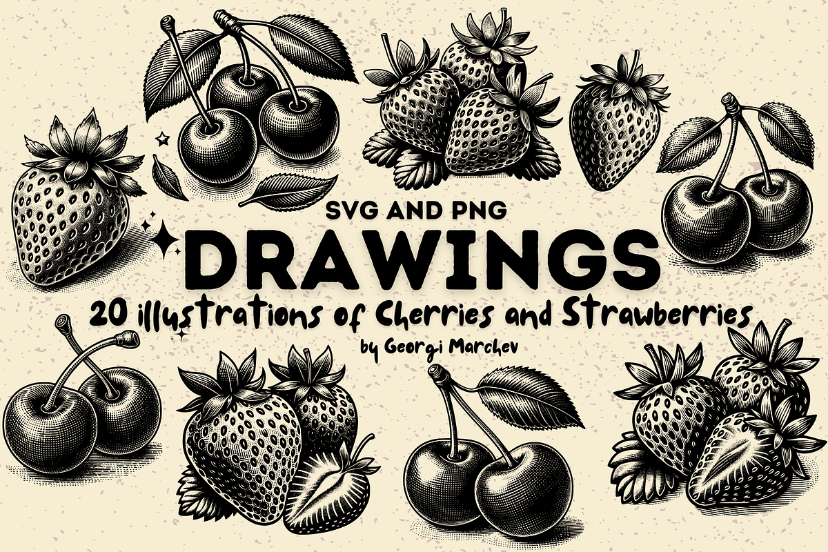 Cherries and Strawberries Drawings, a Food Illustration by Ray Crimson