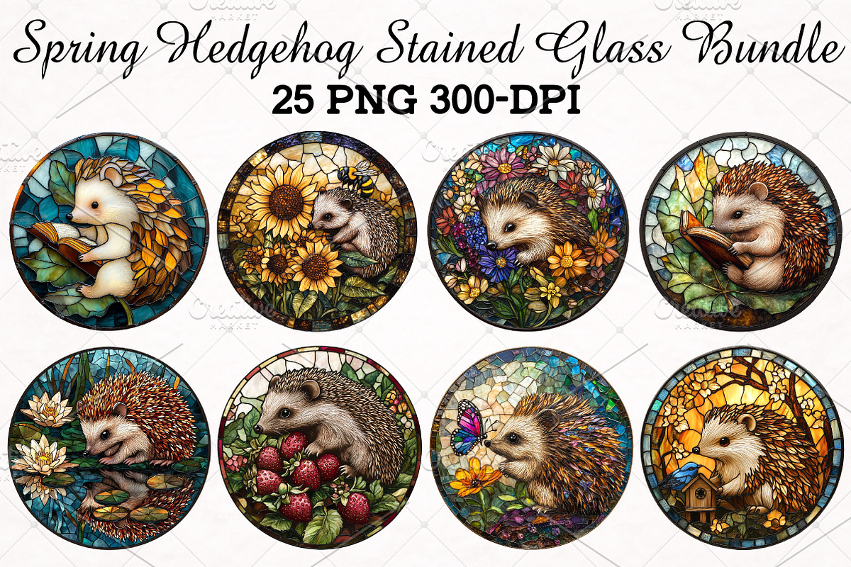 Spring Hedgehog Stained Glass Bundle, an Illustration by RobertsArt (Photo 1 of 5)