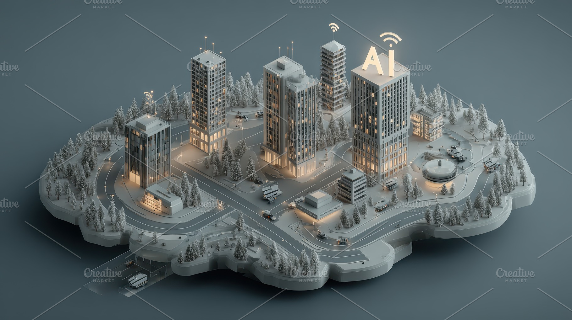 AI Smart City Winter Wonderland Futu, a Photo by Pixeness Studio