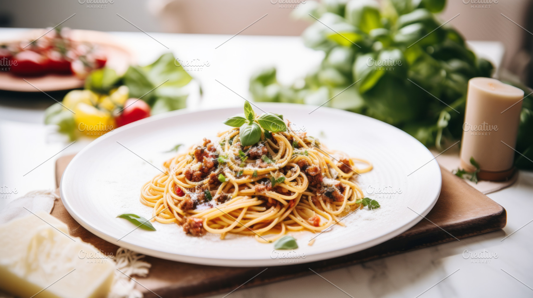 Italian spaghetti on a kitchen table, a Food & Drink Photo by Natalia Klenova's Shop