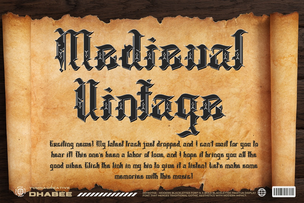 Mifrotha - Modern Blackletter Font, a Blackletter Font by Dhabee (Photo 16 of 18)
