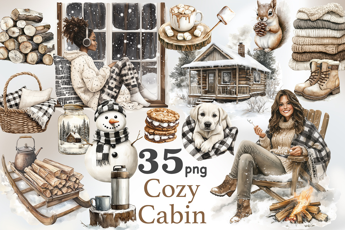 Cozy Cabin Clipart | Winter PNG, a Seasonal Illustration by GlamArtZhanna (Photo 1 of 6)