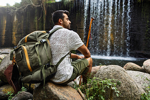 Hiker contemplating a waterfall whil, a Person Photo by Perpis