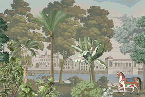 British Colonial Garden Scene, a Decorative Illustration by Mughal Wallpaper
