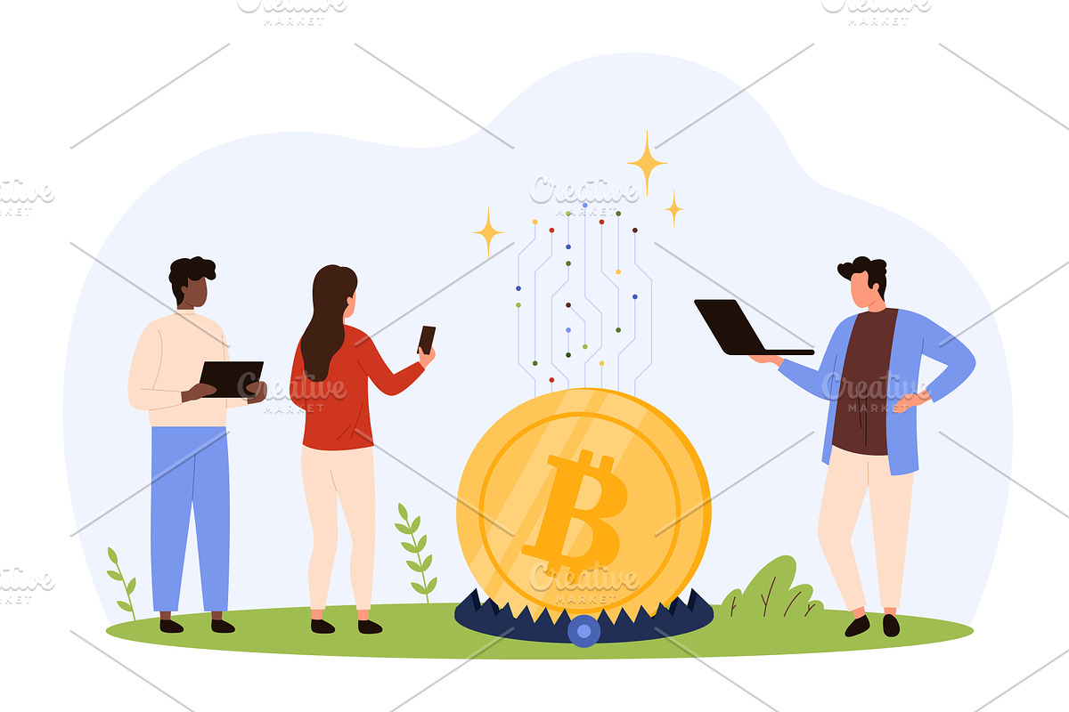 People Facing Bitcoin Cryptocurrency, a Technology Illustration by Flashvector