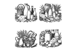 Farm Fresh Dairy and Bread set, a Food Illustration by AlexArt