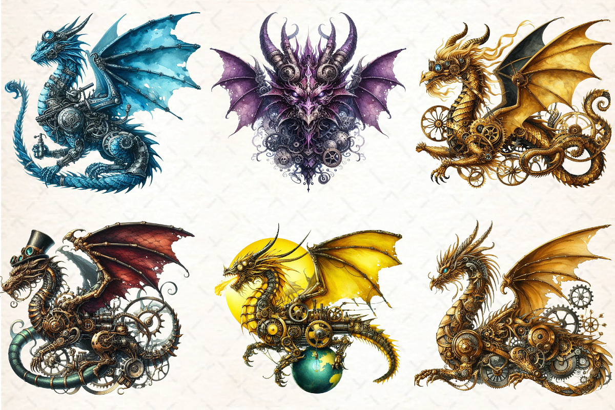 Watercolor Steampunk dragon Clipart, an Illustration by DreamCafeArt (Photo 2 of 5)