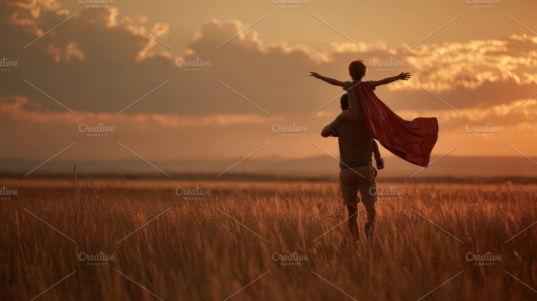 Father and son playing superhero sun, a Photo by Pixeness Studio