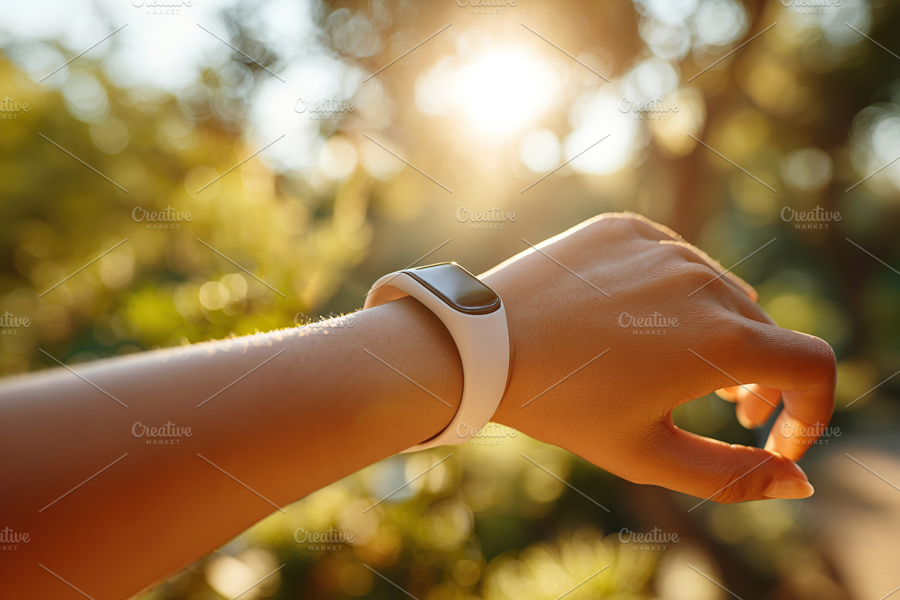 Health tracker mockup displayed on wrist in natural outdoor setting during gold, a Photo by AlyaAnd