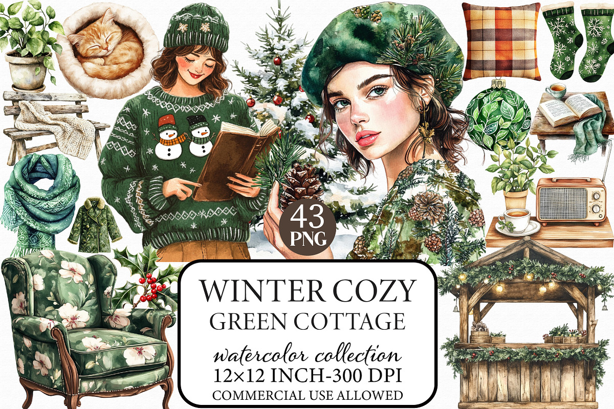 Winter Cozy Green Cottage Clipart, an Illustration by Libby Wishes (Photo 1 of 9)