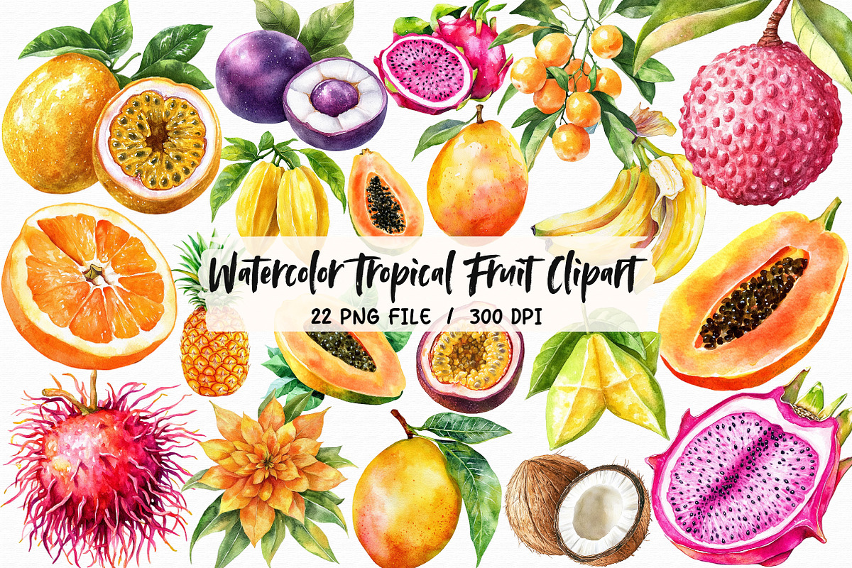 Watercolor Tropical Fruit Clipart, an Illustration by Libby Wishes (Photo 1 of 5)