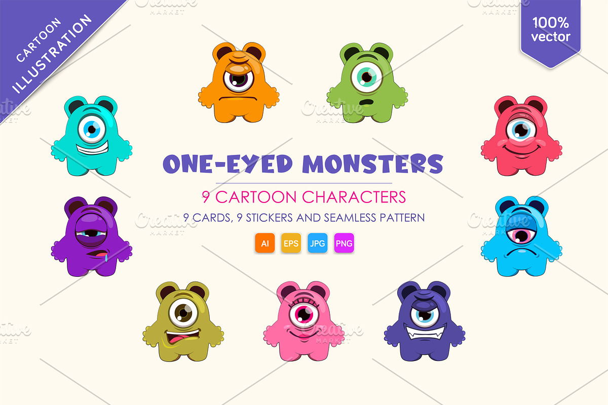 9 Funny One-eyed monsters. Art., an Animal Illustration by KENO Mascots (Photo 2 of 5)