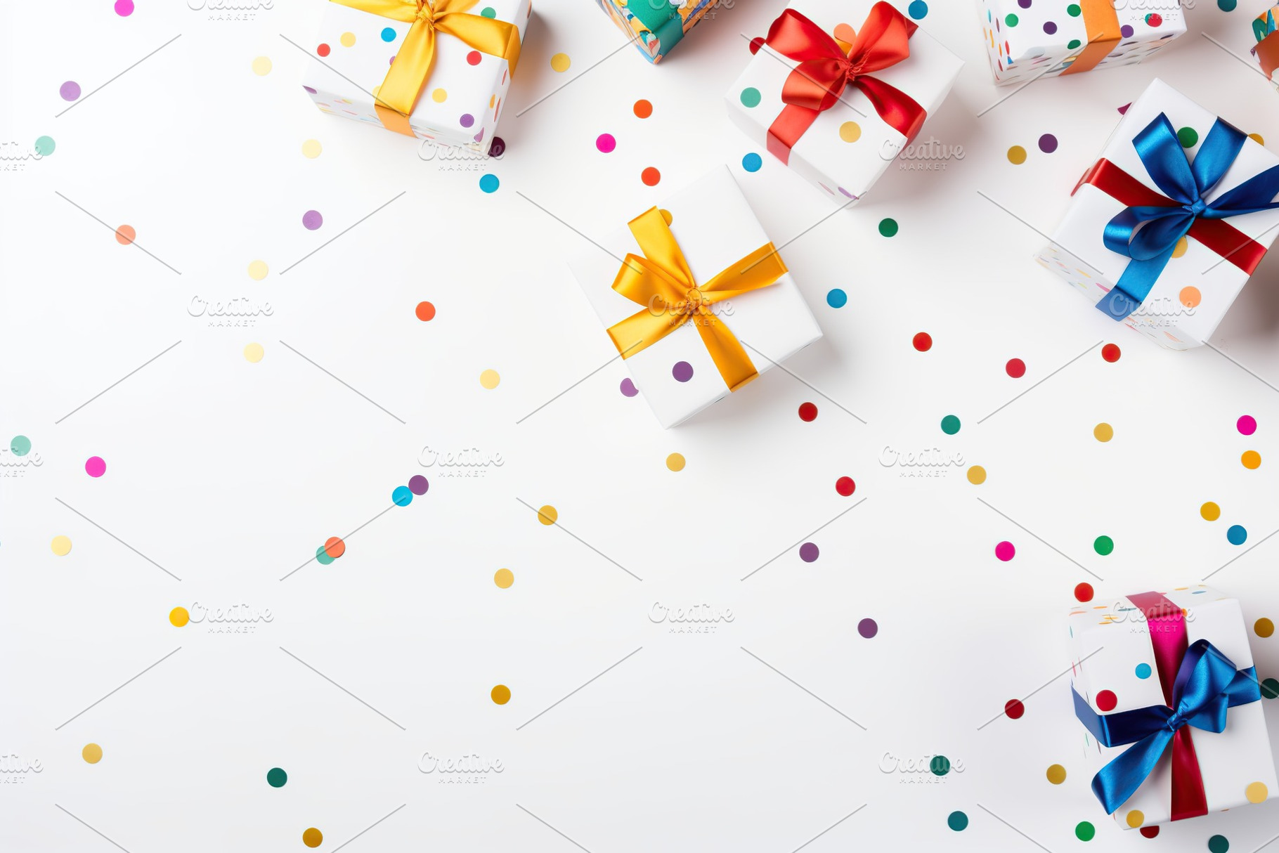 Colorful gift boxes with confetti on white background, a Holiday Photo by AlyaAnd