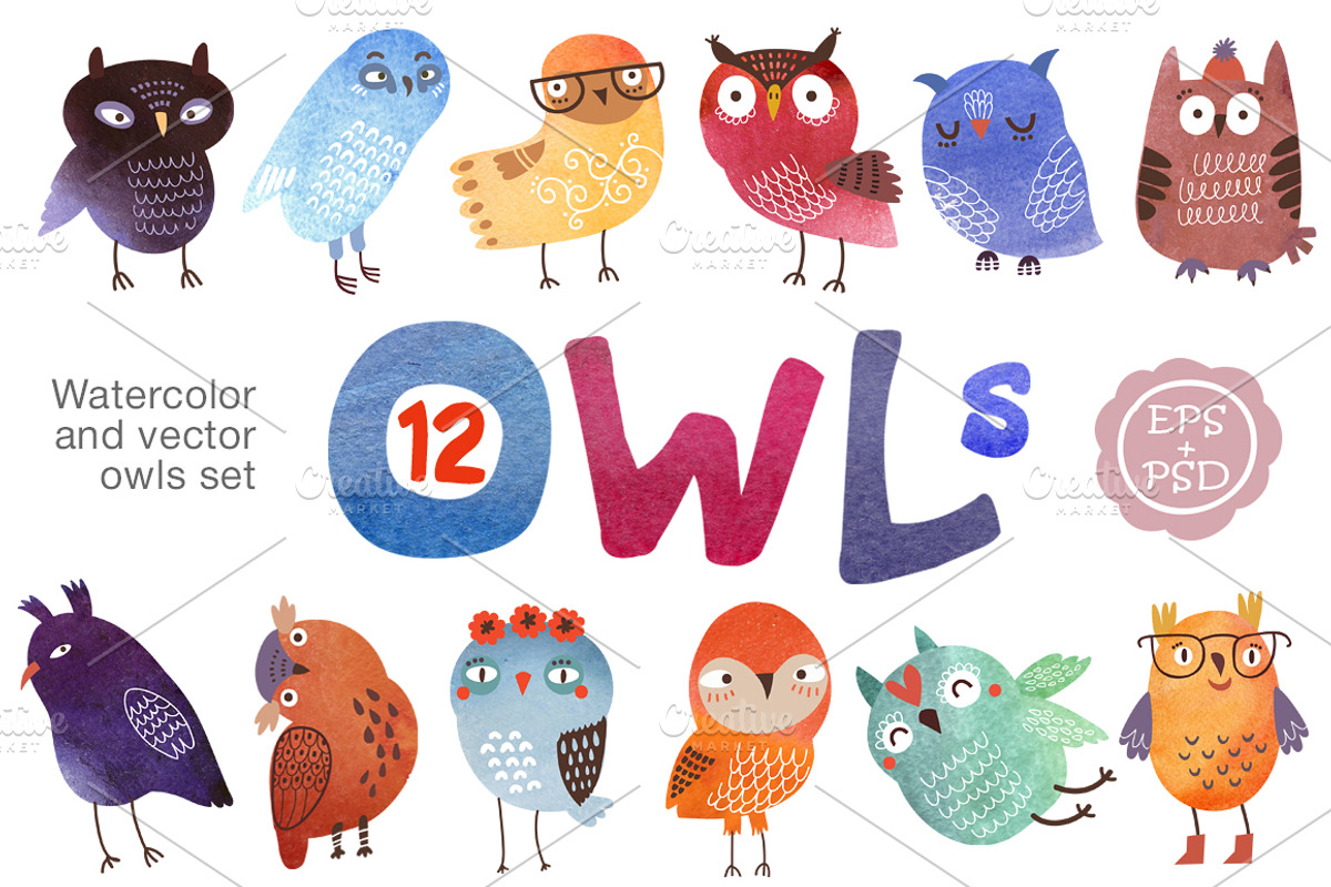 12 owls. Vector and watercolor set, an Animal Illustration by Anna Guz's Store (Photo 1 of 3)