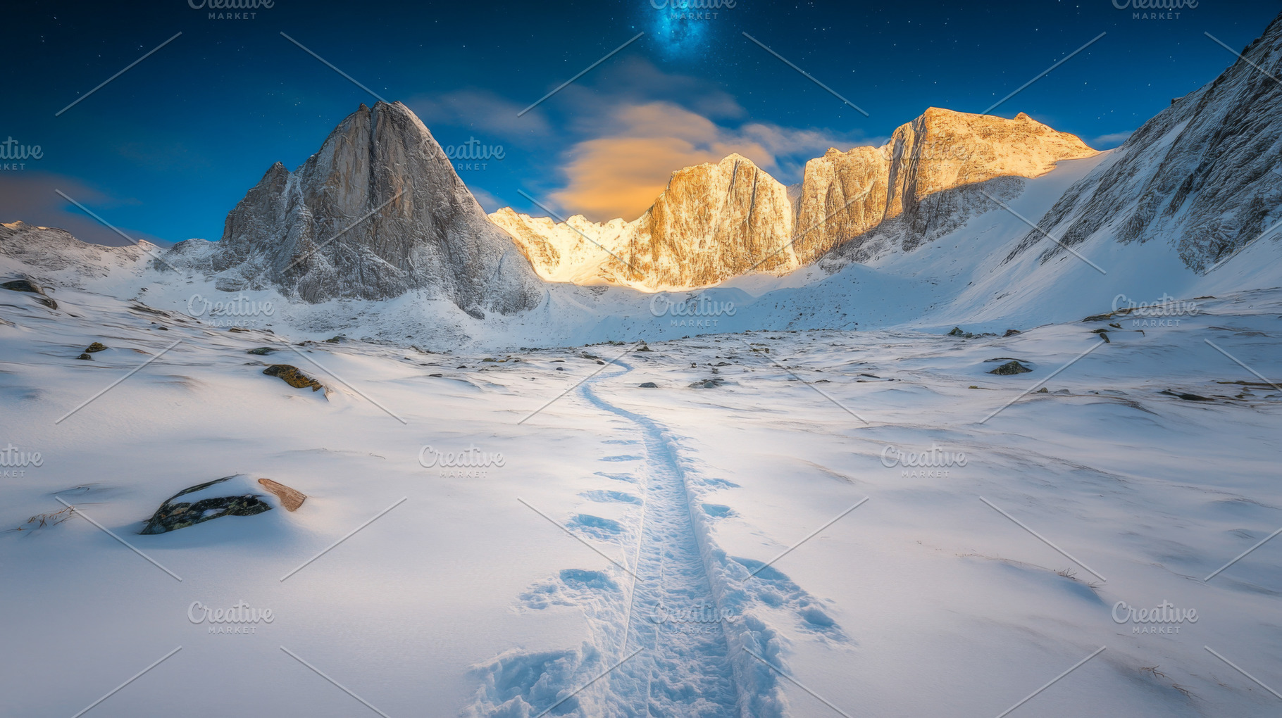 Snowy mountain landscape under starr, a Photo by Dvoevnore photos