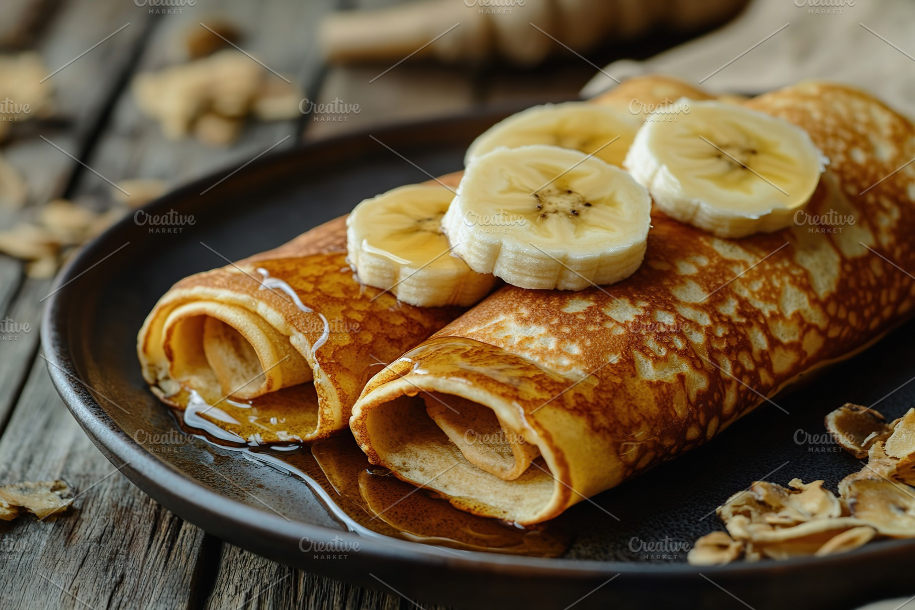 Delicious pancakes topped with sweet syrup and banana slices, served on a rusti, a Food & Drink Photo by AlyaAnd