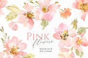 Watercolor Pink Flowers Green Leaves, an Illustration by GraphicsDish (Thumbnail 1 of 4)