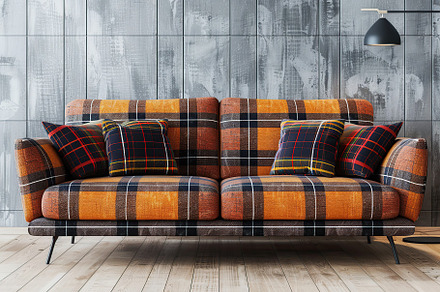 Modern interior of living room with checkered couch, a Beauty & Fashion Photo by AlyaAnd