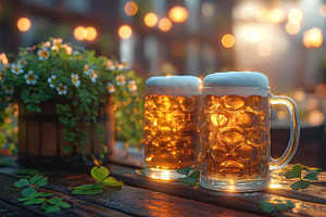 Two frothy mugs of beer sit on a rustic wooden table, surrounded by vibrant gre, a Person Photo by ImageMir
