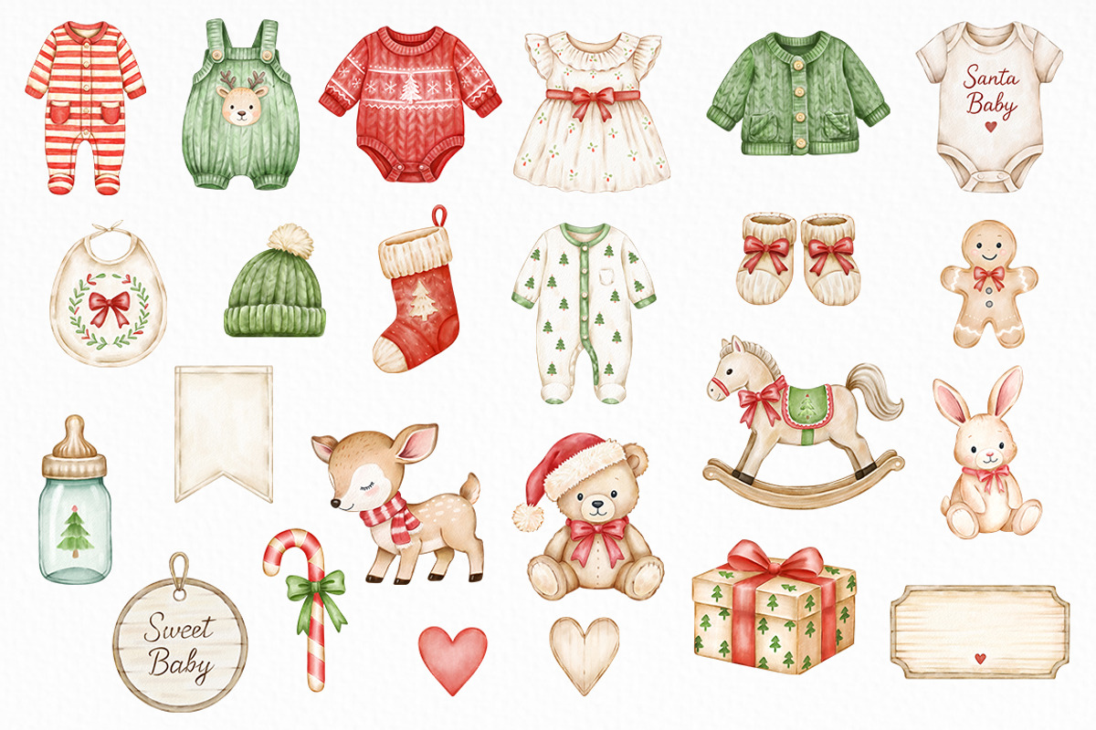 Watercolor Baby Christmas Clothes, a Seasonal Illustration by SvetaArtStore (Photo 3 of 8)