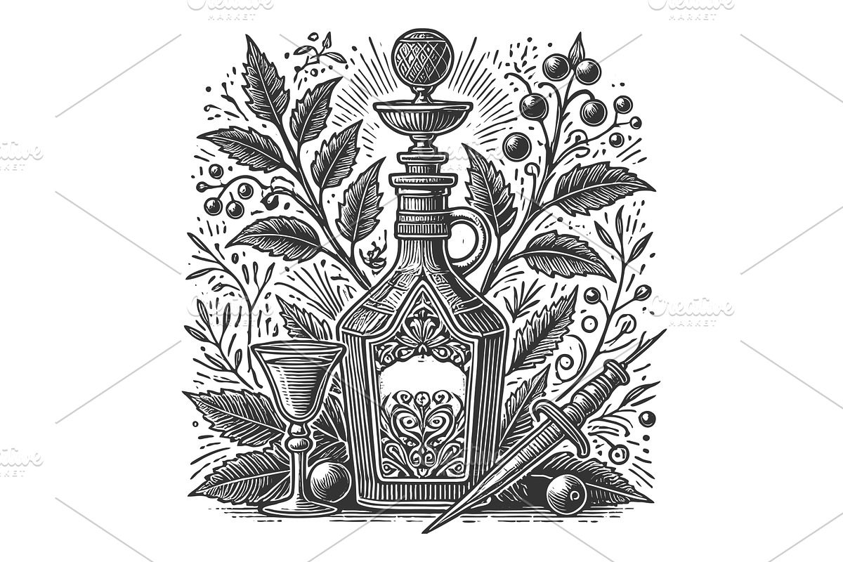 Poison Bottle with Dagger and Herbs, a Food Illustration by AlexArt