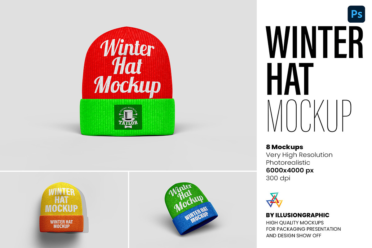 Winter Hat Mockup - 8 views, a Hat Mockup by Illusiongraphic (Photo 1 of 19)