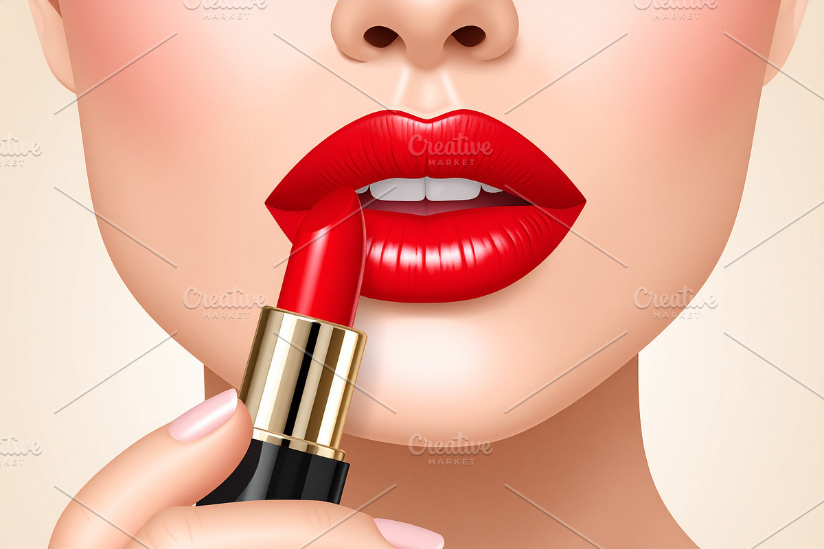 Woman applying bright red lipstick to her lips, a Healthcare Illustration by DanFLCreativo