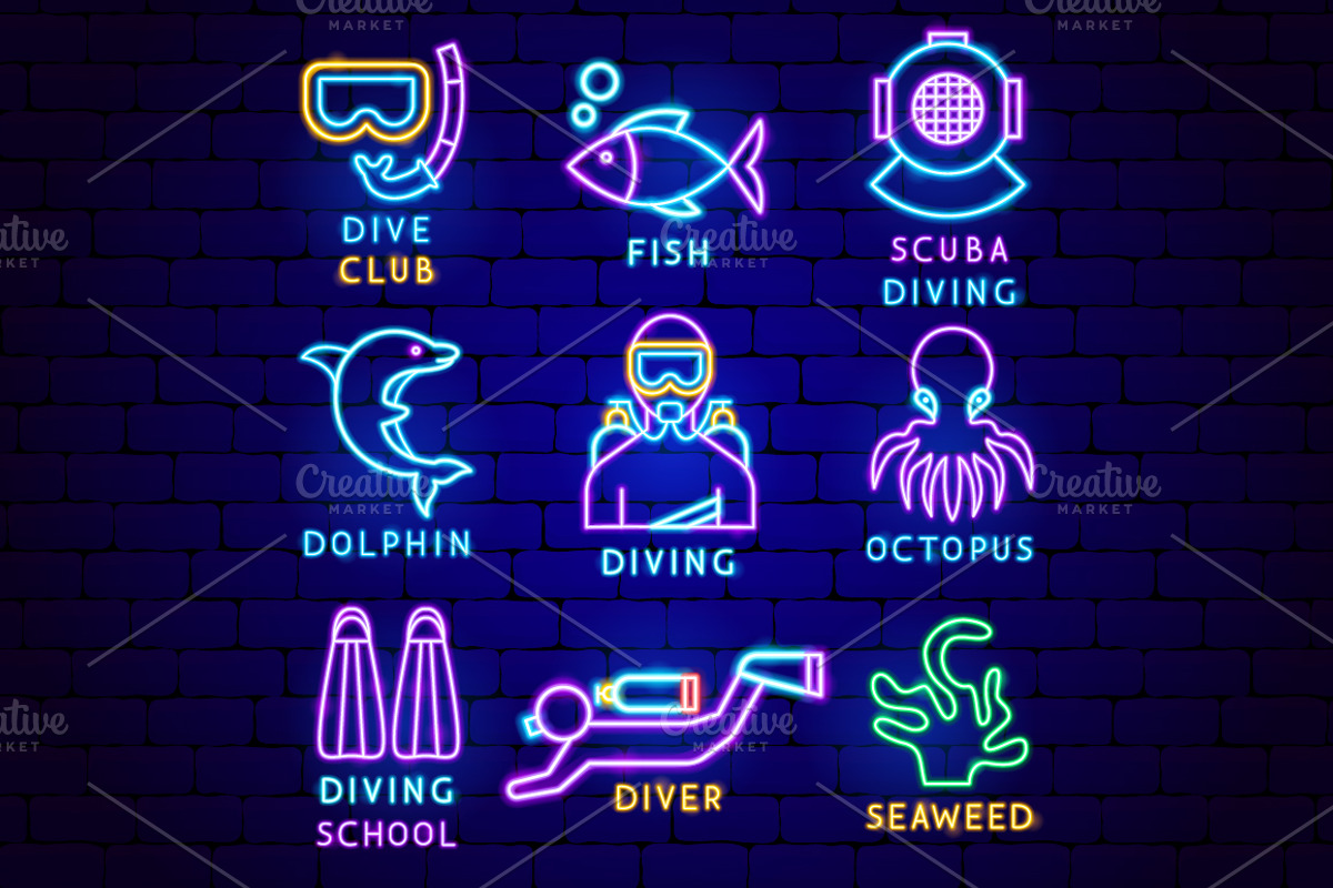 Scuba Diving Neon Vector Icons, an Outline Icon by Anna_leni (Photo 7 of 9)