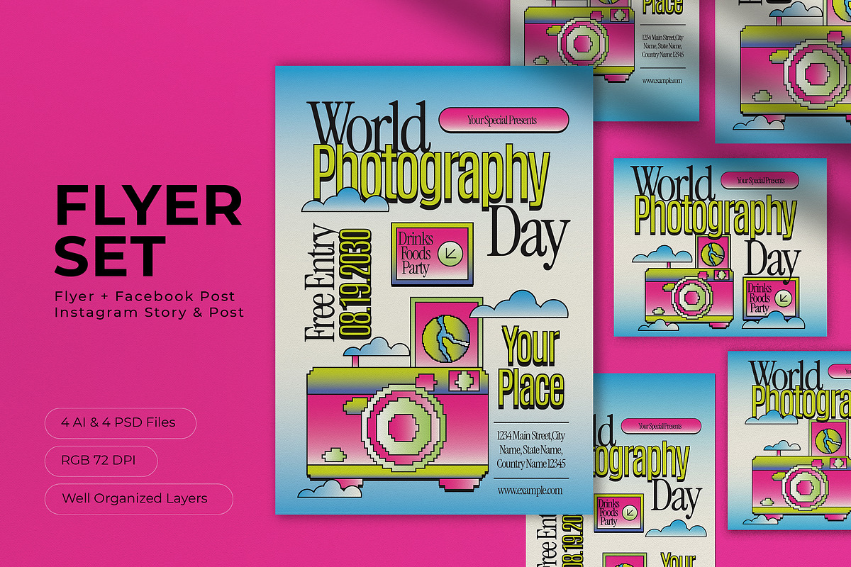 Blue Y2K World Photography Day Flyer, a Flyer Template by graphicook (Photo 1 of 4)
