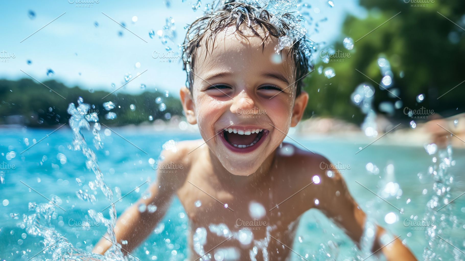 Joyful young boy splashes in water, a Person Photo by MistyDay