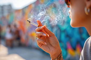 Woman enjoys a cigarette while relaxing near a vibrant mural in an urban settin, a Photo by AlyaAnd