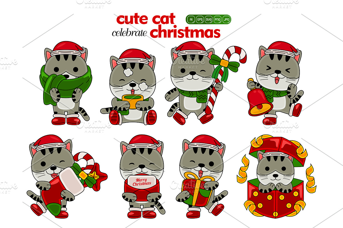 cute cat celebrate christmas, an Animal Illustration by MEDZ (Photo 1 of 2)