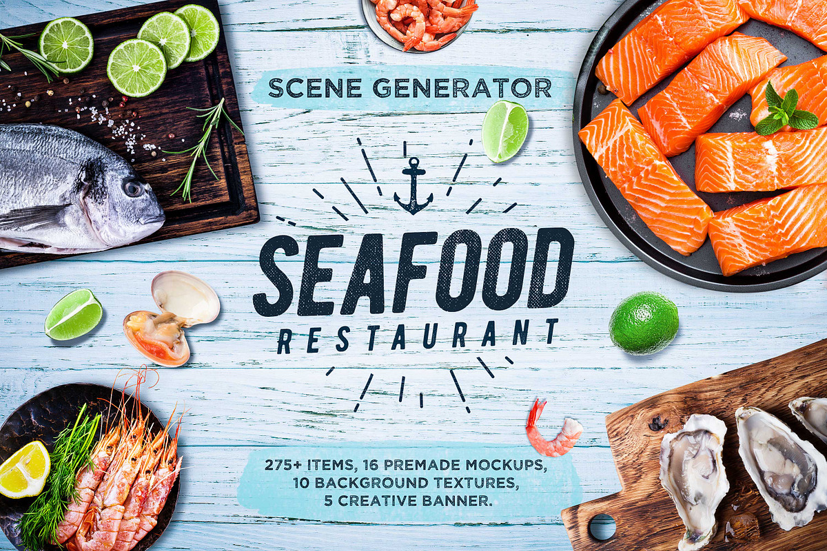 Seafood Scene and Mockup Creator, a Product Mockup by relineo.mock-ups (Photo 1 of 6)