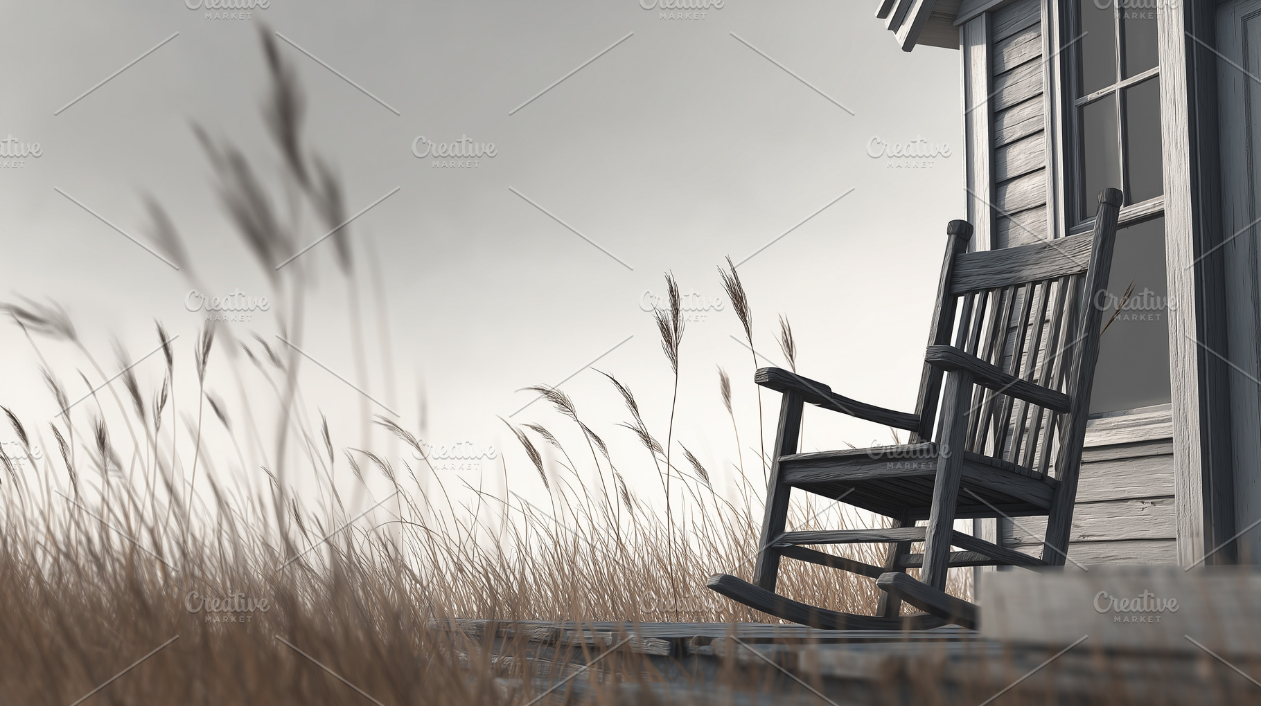 Old wooden rocking chair on a rustic, a Nature Photo by MistyDay