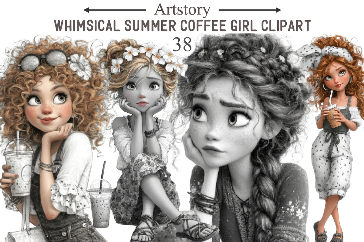 Whimsical Summer Coffee Girl Clipart, an Illustration by designcity5 (Photo 1 of 5)