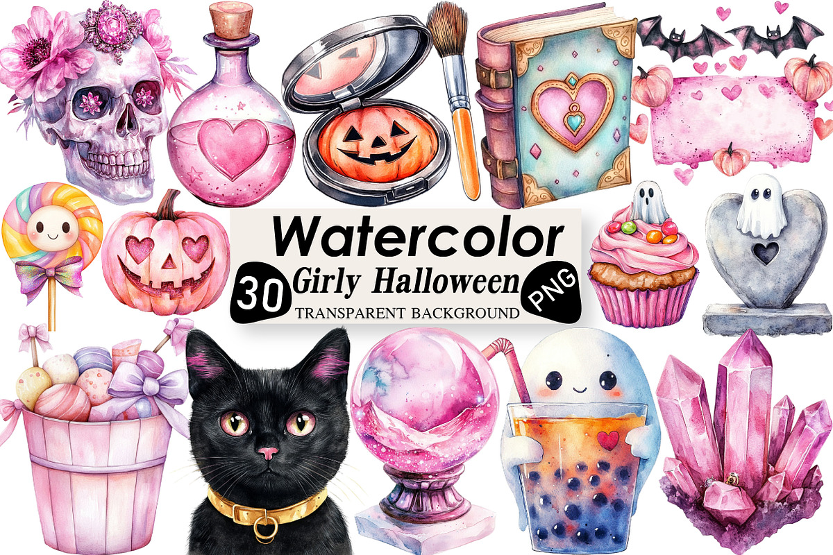 Watercolor Girly Halloween Clipart, an Illustration by Black Bird Studio (Photo 1 of 6)